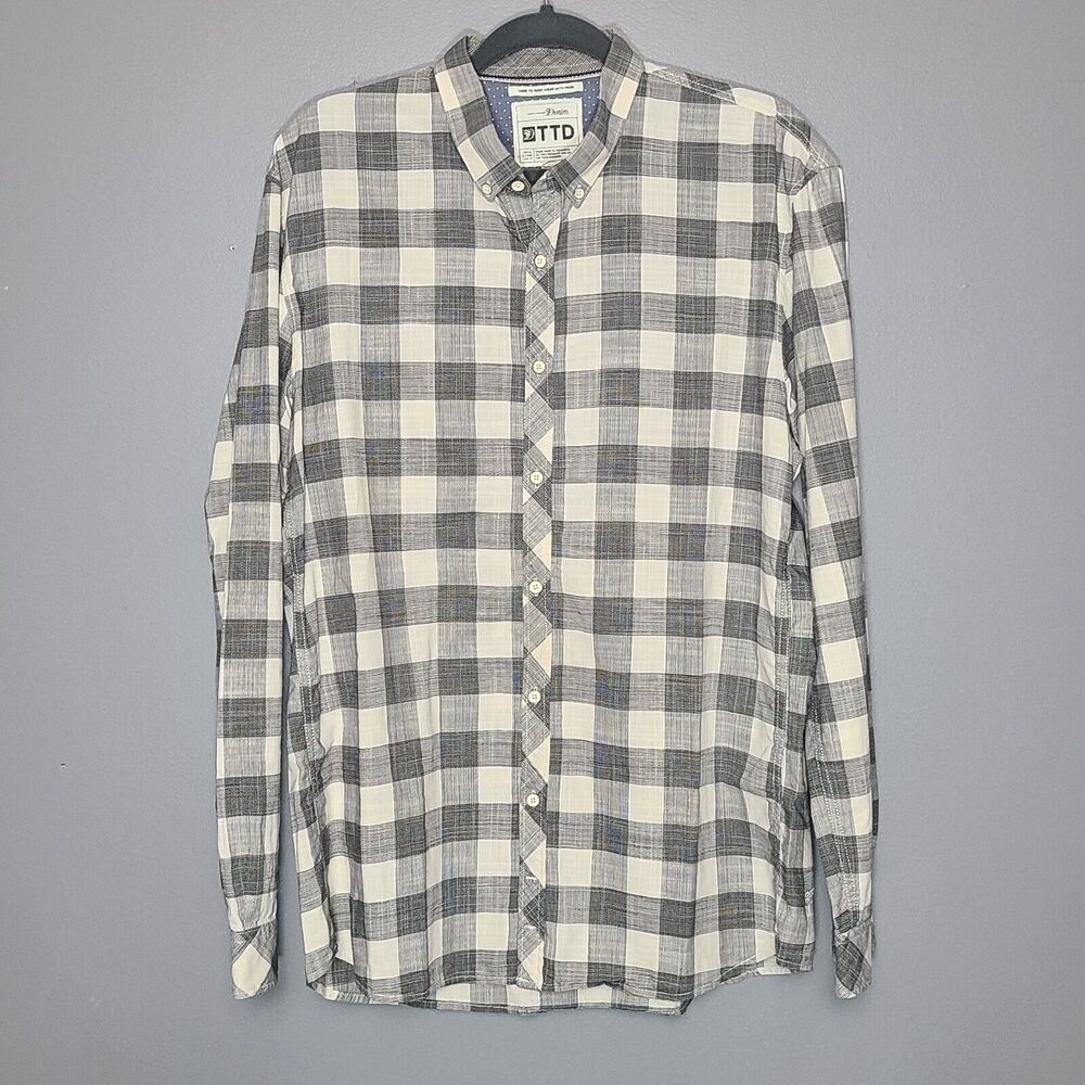 Tom Tailor Denim TTD Plaid Button Down Long Sleeve Shirt Size XL Gray White